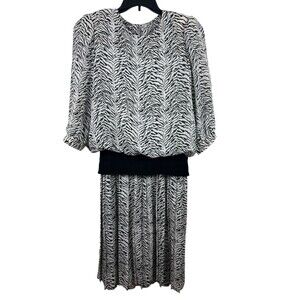VTG REO Zebra Print Drop Waist Blouson Pleated Union Made 80s Secretary Dress 12